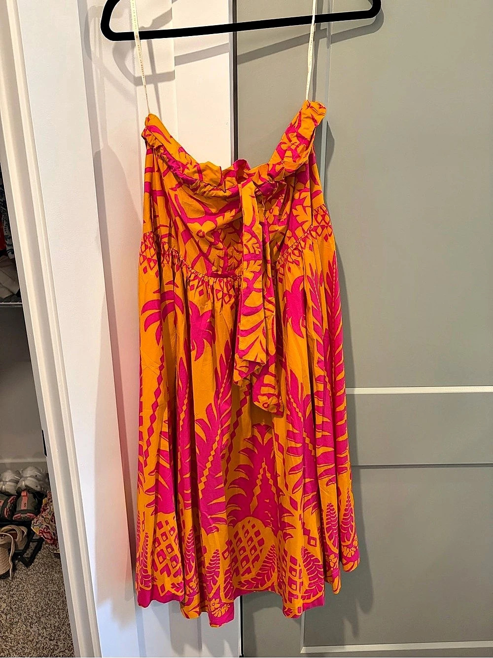 FARM strapless Abstract Mini Dress in Pink & Orange Size Small